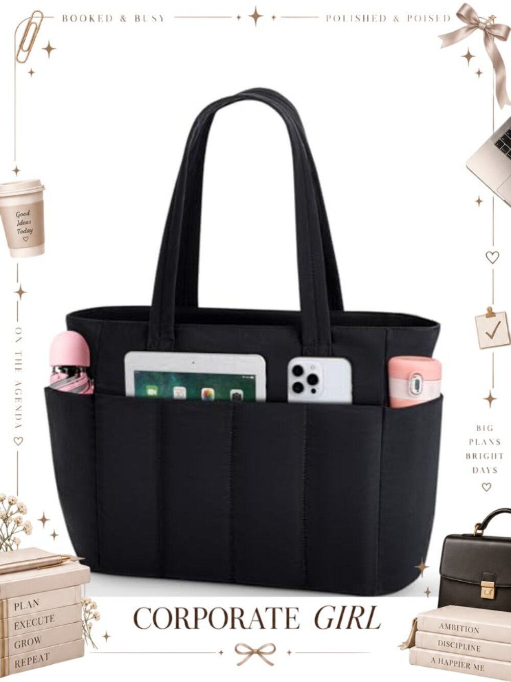 15.6 Inch Puffy Laptop Tote Bag Water Resistant Quilted Briefcase with Strap